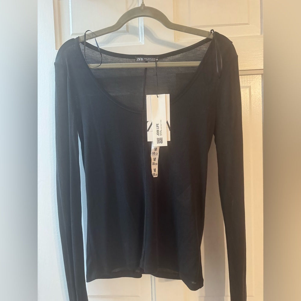 Zara NWT Black Lyocell Sheer Long Sleeve Top Size M